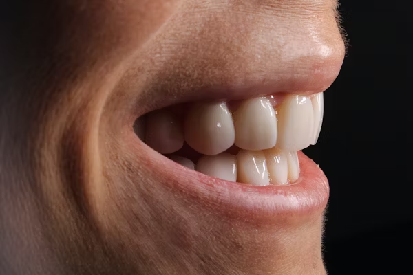 side view, close-up shot of a person's smile