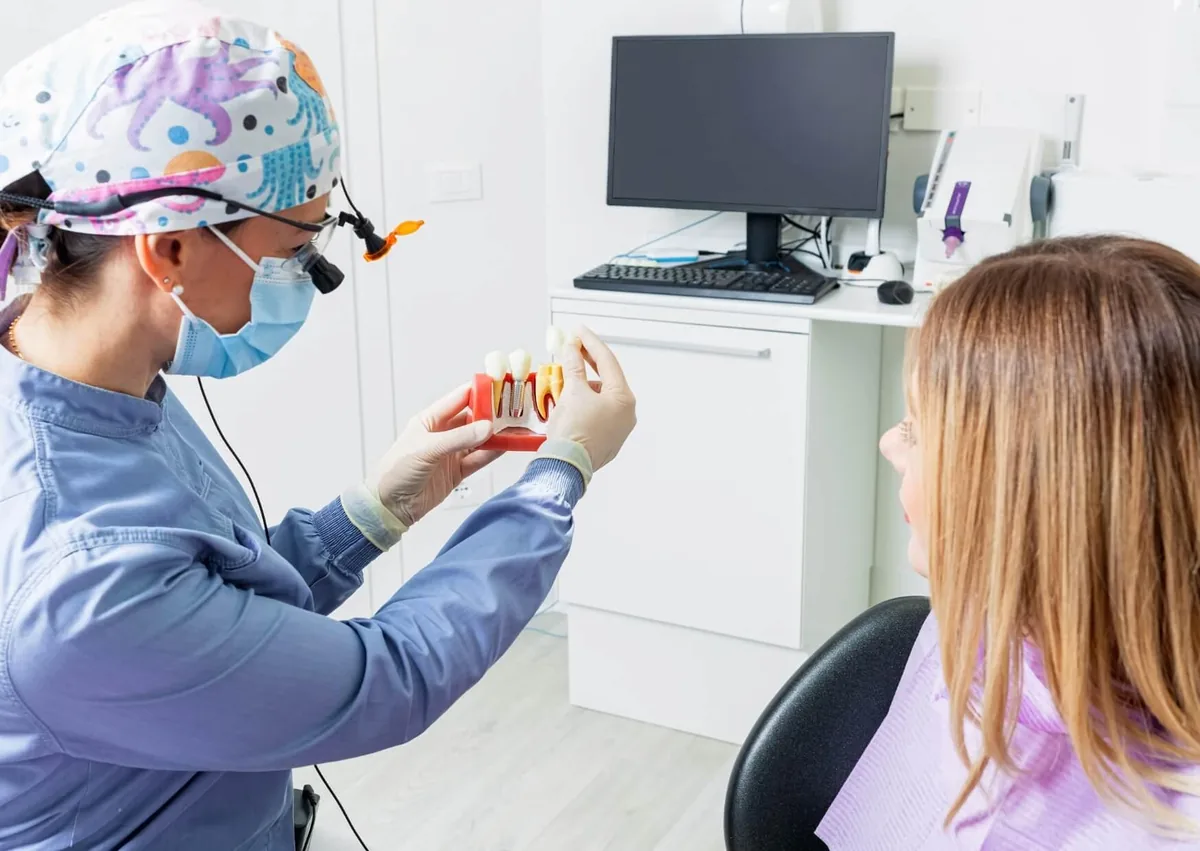 Dentist explaining affordable dental implant options to a patient using a dental implant model.